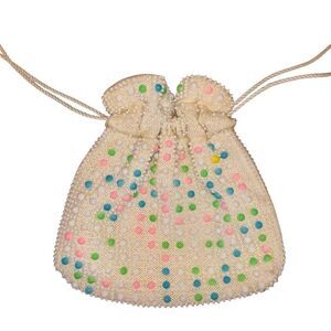 Vintage 60s Pocketbook Off White Beaded Drawstring Bag Handbag Pouch Pink Green
